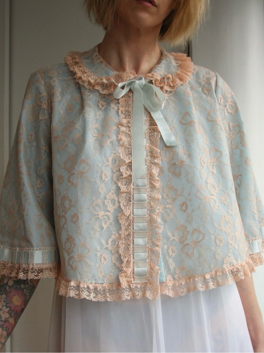 1960's Odette Barsa Blue & Blush Lace Bed Jacket